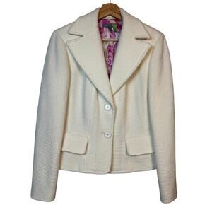Ann Taylor Wool Blend Tweed Blazer Size 10 Cream Floral Silk Lining Luxury